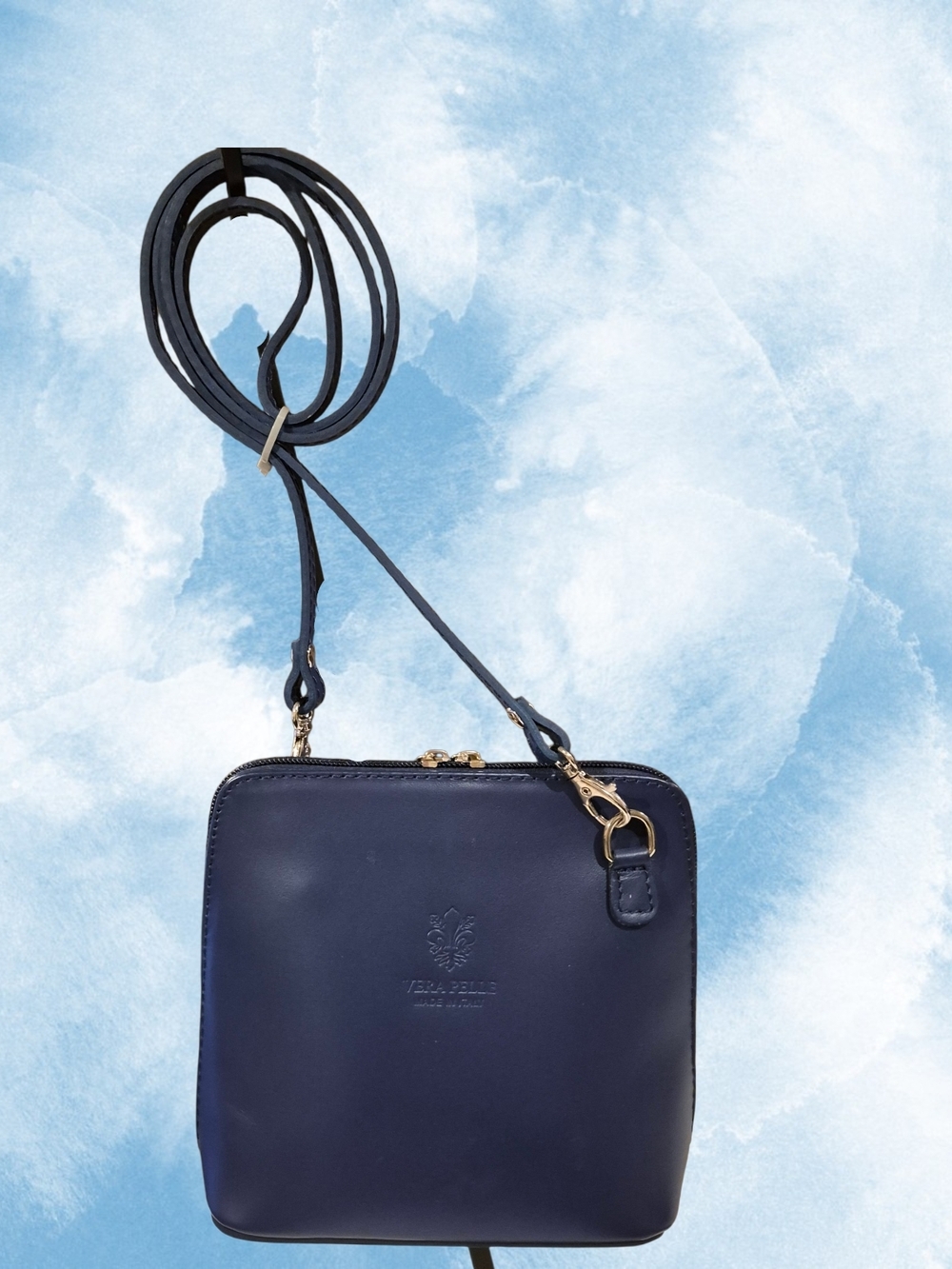 Vera Pelle Compact Navy Leather Crossbody with Gold Hardware